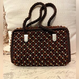 Cute vintage beaded handbag. Brown and gold. Rosebud detail. Knitted handle.